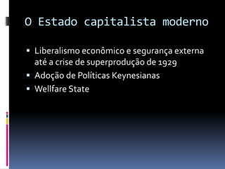 O Estado capitalista moderno

 Liberalismo econômico e segurança externa
  até a crise de superprodução de 1929
 Adoção de Políticas Keynesianas
 Wellfare State
 