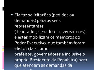  Ela faz solicitações (pedidos ou
 demandas) para os seus
 representantes
 (deputados, senadores e vereadores)
 e estes mobilizam os membros do
 Poder Executivo, que também foram
 eleitos (tais como
 prefeitos, governadores e inclusive o
 próprio Presidente da República) para
 que atendam as demandas da
 