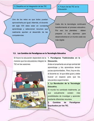 1.3. Los Cambios de Paradigmas en la Tecnología Educativa
El futuro la educación dependerá de la
manera que los educadores integren la
TIC en las sesiones.
1. Paradigmas Tradicionales en la
Educación.
Antes el enseñante era el eje central del
aprendizaje y los aprendices tenían
pocas oportunidades. Pero, hoy en día,
el docente es el que debe guiar y debe
buscar un espacio para que los
educandos experimenten.
2. La Revolución de la Tecnología
Educativa.
El mundo ha cambiado totalmente, ya
que actualmente existen más
posibilidades de investigar y aprender
mediante diferentes recursos.
3. Cambios de Paradigmas
Impulsados por las TIC.
Uno de los retos es que todos puedan
aprovecharla por igual. Además, el docente
del siglo XXI debe estar en constante
aprendizaje y seleccionar recursos que
realmente aporten al desarrollo de las
competencias.
3. Desafíos en la Integración de las TIC 4. Futuro de las TIC en la
Educación
Cada día la tecnología continuará
transformando el proceso educativo.
Por eso, los planteles deben
preparar a los alumnos para
desenvolverse en un mundo cada vez
más digital.
 