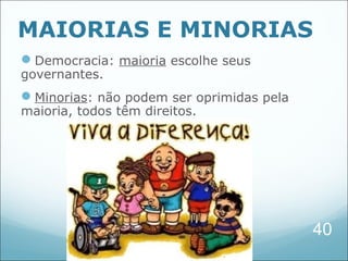 MAIORIAS E MINORIAS
Democracia: maioria escolhe seus
governantes.
Minorias: não podem ser oprimidas pela
maioria, todos têm direitos.




                                          40
 