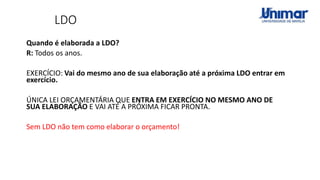 LDO
Quando é elaborada a LDO?
R: Todos os anos.
EXERCÍCIO: Vai do mesmo ano de sua elaboração até a próxima LDO entrar em
exercício.
ÚNICA LEI ORÇAMENTÁRIA QUE ENTRA EM EXERCÍCIO NO MESMO ANO DE
SUA ELABORAÇÃO E VAI ATÉ A PRÓXIMA FICAR PRONTA.
Sem LDO não tem como elaborar o orçamento!
 