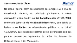 LIMITE ORÇAMENTÁRIO
No plano Federal, além das diretrizes dos artigos 165 a 169 da
Constituição Federal, os principais parâmetros a serem
observados estão fixados na Lei Complementar nº 101/2000,
conhecida como Lei de Responsabilidade Fiscal, que define as
balizas e os limites do administrador público, e na Lei n°
4.320/1964, que estabelece normas gerais de finanças públicas
para o controle dos orçamentos da União, dos Estados, do
Distrito Federal e dos Municípios.
 
