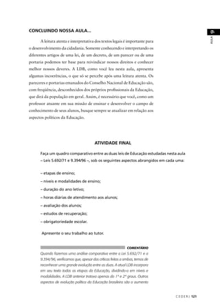 C E D E R J 121 
AULA 9 
CONCLUINDO NOSSA AULA... 
A leitura atenta e interpretativa dos textos legais é importante para 
o desenvolvimento da cidadania. Somente conhecendo e interpretando os 
diferentes artigos de uma lei, de um decreto, de um parecer ou de uma 
portaria podemos ter base para reivindicar nossos direitos e conhecer 
melhor nossos deveres. A LDB, como você leu nesta aula, apresenta 
algumas incoerências, o que só se percebe após uma leitura atenta. Os 
pareceres e portarias emanados do Conselho Nacional de Educação são, 
com freqüência, desconhecidos dos próprios profi ssionais da Educação, 
que dirá da população em geral. Assim, é necessário que você, como um 
professor atuante em sua missão de ensinar e desenvolver o campo de 
conhecimento de seus alunos, busque sempre se atualizar em relação aos 
aspectos políticos da Educação. 
ATIVIDADE FINAL 
Faça um quadro comparativo entre as duas leis de Educação estudadas nesta aula 
– Leis 5.692/71 e 9.394/96 –, sob os seguintes aspectos abrangidos em cada uma: 
– etapas de ensino; 
– níveis e modalidades de ensino; 
– duração do ano letivo; 
– horas diárias de atendimento aos alunos; 
– avaliação dos alunos; 
– estudos de recuperação; 
– obrigatoriedade escolar. 
Apresente o seu trabalho ao tutor. 
COMENTÁRIO 
Quando fazemos uma análise comparativa entre a Lei 5.692/71 e a 
9.394/96, verifi camos que, apesar das críticas feitas a ambas, temos de 
reconhecer uma grande evolução entre as duas. A atual LDB incorpora 
em seu texto todas as etapas da Educação, dividindo-a em níveis e 
modalidades. A LDB anterior tratava apenas do 1º e 2º graus. Outros 
aspectos de evolução política da Educação brasileira são o aumento 
 