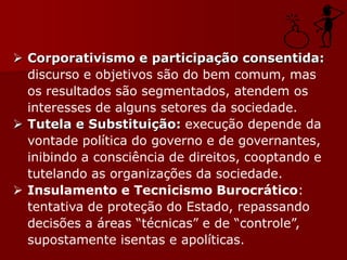  Corporativismo e participação consentida:
discurso e objetivos são do bem comum, mas
os resultados são segmentados, atendem os
interesses de alguns setores da sociedade.
 Tutela e Substituição: execução depende da
vontade política do governo e de governantes,
inibindo a consciência de direitos, cooptando e
tutelando as organizações da sociedade.
 Insulamento e Tecnicismo Burocrático:
tentativa de proteção do Estado, repassando
decisões a áreas “técnicas” e de “controle”,
supostamente isentas e apolíticas.
 