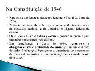 Retoma-se a orientação descentralizadora e liberal da Carta de 1934.  A União fica incumbida de legislar sobre as diretrizes e bases da educação nacional e de organizar o sistema federal de ensino. Os estados e Distrito federais voltam a possuir autonomia para organizar seus respectivos ensinos.  Em semelhança a Carta de 1934,  retoma-se a obrigatoriedade e gratuidade do ensino primário , o direito de todos à educação, bem como a vinculação de percentuais da receita de impostos para a manutenção e desenvolvimento do ensino.   