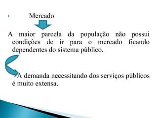 Mercado A maior parcela da população não possui condições de ir para o mercado ficando dependentes do sistema público.  A demanda necessitando dos serviços públicos é muito extensa. 