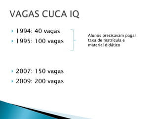 1994: 40 vagas 1995: 100 vagas 2007: 150 vagas 2009: 200 vagas Alunos precisavam pagar taxa de matrícula e material didático 
