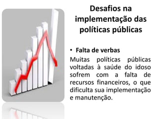 Desafios na
implementação das
políticas públicas
• Falta de verbas
Muitas políticas públicas
voltadas à saúde do idoso
sofrem com a falta de
recursos financeiros, o que
dificulta sua implementação
e manutenção.
 