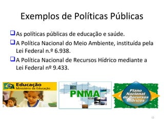 Exemplos de Políticas Públicas
As políticas públicas de educação e saúde.
A Política Nacional do Meio Ambiente, instituída pela
Lei Federal n.º 6.938.
A Política Nacional de Recursos Hídrico mediante a
Lei Federal nº 9.433.
12
 