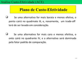 144
 Se uma alternativa for mais barata e menos efetiva, o
ponto cairá no quadrnate III, e, novamente, um trade-off
terá de ser levado em consideração.
 Se uma alternativa for mais cara e menos efeitiva, o
onto cairá no quadrante IV, e a alternativa será dominada
pelo fator padrão de comparação.
Análise Custo-Efetividade (ACE)
Plano de Custo-Efetividade
 