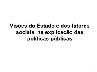 Visões do Estado e dos fatores
sociais na explicação das
políticas públicas
15
 