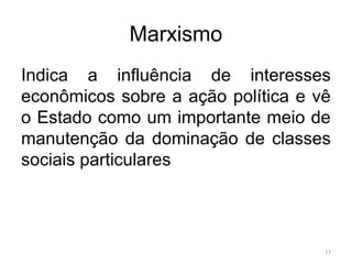 Marxismo
Indica a influência de interesses
econômicos sobre a ação política e vê
o Estado como um importante meio de
manutenção da dominação de classes
sociais particulares
17
 