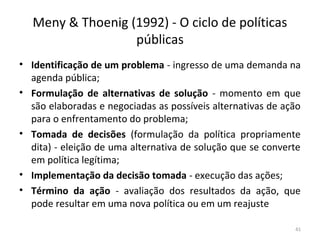 Meny & Thoenig (1992) - O ciclo de políticas
públicas
• Identificação de um problema - ingresso de uma demanda na
agenda pública;
• Formulação de alternativas de solução - momento em que
são elaboradas e negociadas as possíveis alternativas de ação
para o enfrentamento do problema;
• Tomada de decisões (formulação da política propriamente
dita) - eleição de uma alternativa de solução que se converte
em política legítima;
• Implementação da decisão tomada - execução das ações;
• Término da ação - avaliação dos resultados da ação, que
pode resultar em uma nova política ou em um reajuste
41
 