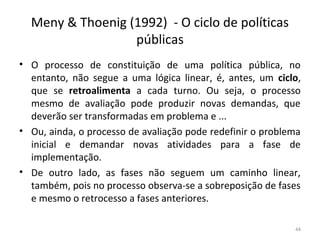 Meny & Thoenig (1992) - O ciclo de políticas
públicas
• O processo de constituição de uma política pública, no
entanto, não segue a uma lógica linear, é, antes, um ciclo,
que se retroalimenta a cada turno. Ou seja, o processo
mesmo de avaliação pode produzir novas demandas, que
deverão ser transformadas em problema e ...
• Ou, ainda, o processo de avaliação pode redefinir o problema
inicial e demandar novas atividades para a fase de
implementação.
• De outro lado, as fases não seguem um caminho linear,
também, pois no processo observa-se a sobreposição de fases
e mesmo o retrocesso a fases anteriores.
44
 