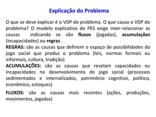 Explicação do Problema
O que se deve explicar é o VDP do problema. O que causa o VDP do
problema? O modelo explicativo do PES exige inter-relacionar as
causas indicando se são fluxos (jogadas), acumulações
(incapacidades) ou regras .
REGRAS: são as causas que definem o espaço de possibilidades do
jogo social que produz o problema (leis, normas formais ou
informais, cultura, tradição)
ACUMULAÇÕES: são as causas que revelam capacidades ou
incapacidades no desenvolvimento do jogo social (processos
sedimentados e internalizados, patrimônio cognitivo, político,
econômico, estoques)
FLUXOS: são as causas mais recentes (ações, produções,
movimentos, jogadas)
 