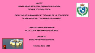 UMECIT
UNIVERSIDAD METROPOLITANA DE EDUCACIÓN,
CIENCIA Y TECNOLOGICA
FACULTAD DE HUMANIDADES Y CIENCIAS DE LA EDUCACION
TRABAJO SOCIAL Y DESARROLLO HUMANO
TRABAJO PRESENTADO POR:
OLGA LUCIA HERNANDEZ QUIÑONEZ
DOCENTE:
ELVIRA IVETTE PORRAS COSSANI
Colombia, Marzo - 2022
 