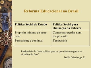 Reforma Educacional no Brasil Predomínio de “uma política para os que não conseguem ser cidadãos de fato.”  Dalila Oliveira, p. 35 Compensar perdas num tempo curto. Temporária Propiciar mínimo de bem-estar. Permanente e contínua. Política Social para elminação da Pobreza Política Social do Estado 