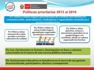 P1: Todos y todas logran aprendizajes de calidad con énfasis en
comunicación, matemáticas, ciudadanía y capacidades científicas y
técnico productivas
P2: Niños y niñas
menores de 5 años
acceden a servicio
educativo de calidad
P3: Niños y niñas en
áreas rurales logran
aprendizajes superando
las brechas existentes
P4: Niños y niñas
quechua, aymara y
amazónicos aprenden en su
propia lengua y en
castellano, desde su cultura
superando las brechas
CIERRE DE BRECHAS
Políticas prioritarias 2013 al 2016
P5: Los y las docentes se forman y desempeñan en base a criterios
concertados en el marco de una carrera pública renovada
P6: Instituciones educativas se fortalecen en el marco de una gestión
descentralizada, participativa, efectiva y transparente
 