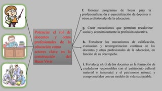 Potenciar el rol de
docentes y otros
profesionales de la
educación como
actores clave en la
construcción del
Buen Vivir
h. Fortalecer los mecanismos de calificación,
evaluación y recategorizacion continua de los
docentes y otros profesionales de la educacion, en
función de su desempeño.
i. Fortalecer el rol de los docentes en la formación de
ciudadanos responsables con el patrimonio cultural
material e inmaterial y el patrimonio natural, y
comprometidos con un modelo de vida sustentable.
g. Crear mecanismos que permitan revalorizar
social y económicamente la profesión educativa.
f. Generar programas de becas para la
profesionalización y especialización de docentes y
otros profesionales de la educacion.
 