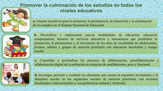 Promover la culminación de los estudios en todos los
niveles educativos
a. Generar incentivos para la asistencia, la permanencia, la reinserción y la culminación
de los estudios en el Sistema Nacional de Educación
b. Diversificar e implementar nuevas modalidades de educación, educación
compensatoria, horarios de servicios educativos y mecanismos que posibiliten la
reinserción, la permanencia y el incremento de los anos de escolaridad de adolescentes,
jóvenes, adultos y grupos de atención prioritaria con educacion inconclusa y rezago
escolar.
c. Consolidar y profundizar los procesos de alfabetización, posalfabetización y
alfabetización digital de la población en situación de analfabetismo, puro y funcional
d. Investigar, prevenir y combatir los elementos que causan la expulsión involuntaria y el
abandono escolar en los segmentos sociales de atencion prioritaria, con acciones
focalizadas e intersectoriales y con pertinencia cultural y territorial.
 