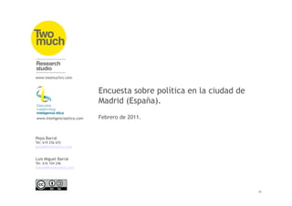 www.twomuchrs.com


                            Encuesta sobre política en la ciudad de
                            Madrid (España).
www.inteligenciaetica.com   Febrero de 2011.


Pepa Barral
Tel: 619 256 655
pepa@twomuchrs.com


Luis Miguel Barral
Tel: 616 104 246
luismi@twomuchrs.com
 
