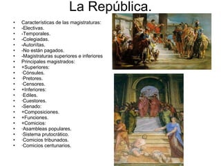 La República. Características de las magistraturas: -Electivas. -Temporales. -Colegiadas. -Autoriítas. -No están pagados. -Magistraturas superiores e inferiores Principales magistrados: +Superiores: ·Cónsules. ·Pretores. ·Censores. +Inferiores: ·Ediles. ·Cuestores. -Senado: +Composiciones. +Funciones. +Comicios: ·Asambleas populares. ·Sistema prutocrático. ·Comicios tribunados. ·Comicios centunarios. 