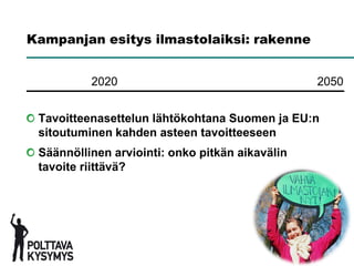 Kampanjan esitys ilmastolaiksi: rakenne


          2020                                   2050


 Tavoitteenasettelun lähtökohtana Suomen ja EU:n
 sitoutuminen kahden asteen tavoitteeseen
 Säännöllinen arviointi: onko pitkän aikavälin
 tavoite riittävä?
 