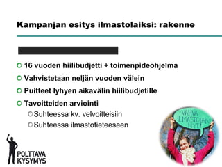 Kampanjan esitys ilmastolaiksi: rakenne




 16 vuoden hiilibudjetti + toimenpideohjelma
 Vahvistetaan neljän vuoden välein
 Puitteet lyhyen aikavälin hiilibudjetille
 Tavoitteiden arviointi
   Suhteessa kv. velvoitteisiin
   Suhteessa ilmastotieteeseen
 