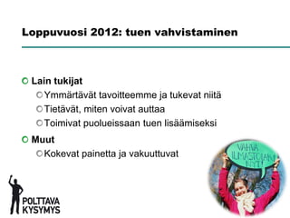 Loppuvuosi 2012: tuen vahvistaminen



 Lain tukijat
    Ymmärtävät tavoitteemme ja tukevat niitä
    Tietävät, miten voivat auttaa
    Toimivat puolueissaan tuen lisäämiseksi
 Muut
   Kokevat painetta ja vakuuttuvat
 