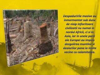 Despaduririlemasive au inmormantat sub dune de nisipinfloritoarecivilizatii nu numai in nordulAfricii, cisi in Asia, iar in uneleparti ale Europei au impinsdezgolireamuntilorsidealurilorpana la limitevecine cu calamitatea.