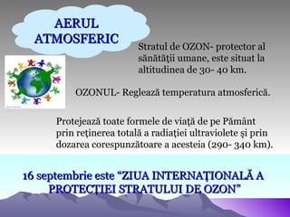AERUL
  ATMOSFERIC
                         Stratul de OZON- protector al
                         sănătăţii umane, este situat la
                         altitudinea de 30- 40 km.

         OZONUL- Reglează temperatura atmosferică.


     Protejează toate formele de viaţă de pe Pământ
     prin reţinerea totală a radiaţiei ultraviolete şi prin
     dozarea corespunzătoare a acesteia (290- 340 km).


16 septembrie este “ZIUA INTERNAŢIONALĂ A
     PROTECŢIEI STRATULUI DE OZON”
 