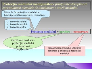 Protecţia mediului înconjurător- ştiinţă interdisciplinară
care studiază metodele de ameliorare a stării mediului.
 Măsurile de protecţie a mediului au
 funcţii preventive, represive, reparative.

   1. Protecţia solului
   2. Protecţia aerului
   3. Protecţia apelor

                            Protecţia mediului = ocrotire + conservare

        Ocrotirea mediului-
        protecţia mediului
           prin acţiuni
                                              Conservarea mediului- utilizarea
            legiferate.
                                              raţională şi eficientă a resurselor
                                                           mediului.
 