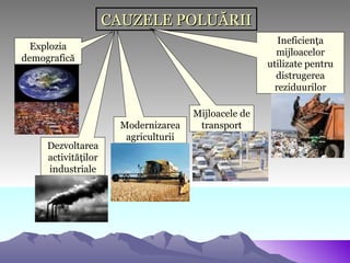 CAUZELE POLUĂRII
                                                          Ineficienţa
  Explozia
                                                         mijloacelor
demografică
                                                       utilizate pentru
                                                         distrugerea
                                                         reziduurilor

                                       Mijloacele de
                       Modernizarea     transport
                        agriculturii
     Dezvoltarea
     activităţilor
     industriale
 