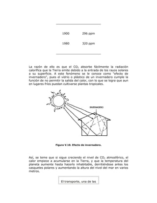 1900 296 ppm
1980 320 ppm
La razón de ello es que el CO2 absorbe fácilmente la radiación
calorífica que la Tierra emite debido a la entrada de los rayos solares
a su superficie. A este fenómeno se le conoce como "efecto de
invernadero", pues el vidrio o plástico de un invernadero cumple la
función de no permitir la salida del calor, con lo que se logra que aun
en lugares fríos puedan cultivarse plantas tropicales.
Figura V.10. Efecto de invernadero.
Así, se teme que si sigue creciendo el nivel de CO2 atmosférico, el
calor empiece a acumularse en la Tierra, y que la temperatura del
planeta aumente hasta hacerlo inhabitable, derritiéndose antes los
casquetes polares y aumentando la altura del nivel del mar en varios
metros.
El transporte, una de las
 