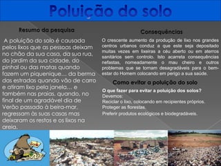 Poluição do soloResumo da pesquisaConsequências A poluição do solo é causada pelos lixos que as pessoas deixam no chão da sua casa, da sua rua, do jardim da sua cidade, do pinhal ou das matas quando fazem um piquenique… da berma das estradas quando vão de carro e atiram lixo pela janela… e também nas praias, quando, no final de um agradável dia de Verão passado à beira-mar, regressam às suas casas mas deixaram os restos e os lixos na areia.O crescente aumento da produção de lixo nos grandes centros urbanos conduz a que este seja depositado muitas vezes em lixeiras a céu aberto ou em aterros sanitários sem controlo. Isto acarreta consequências nefastas, nomeadamente o mau cheiro e outros problemas que se tornam desagradáveis para o bem-estar do Homem colocando em perigo a sua saúde. Como evitar a poluição do solo O que fazer para evitar a poluição dos solos?Devemos:Reciclar o lixo, colocando em recipientes próprios.Proteger as florestas.Preferir produtos ecológicos e biodegradáveis. 