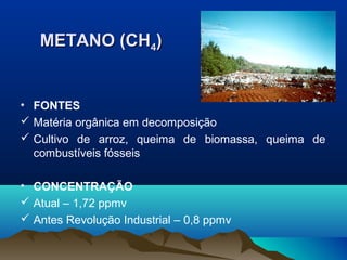 METANO (CHMETANO (CH44))
• FONTES
 Matéria orgânica em decomposição
 Cultivo de arroz, queima de biomassa, queima de
combustíveis fósseis
• CONCENTRAÇÃO
 Atual – 1,72 ppmv
 Antes Revolução Industrial – 0,8 ppmv
 