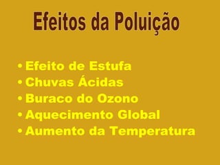 Efeito de Estufa Chuvas Ácidas Buraco do Ozono Aquecimento Global Aumento da Temperatura Efeitos da Poluição 
