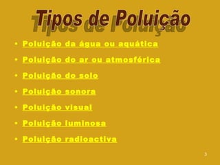 Poluição da água ou aquática Poluição do ar ou atmosférica Poluição do solo Poluição sonora Poluição visual Poluição luminosa Poluição radioactiva Tipos de Poluição 