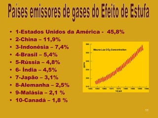 1-Estados Unidos da América -  45,8% 2-China – 11,9% 3-Indonésia – 7,4% 4-Brasil – 5,4% 5-Rússia – 4,8% 6- Índia – 4,5% 7-Japão – 3,1% 8-Alemanha – 2,5% 9-Malásia – 2,1 % 10-Canadá – 1,8 % Países emissores de gases do Efeito de Estufa  