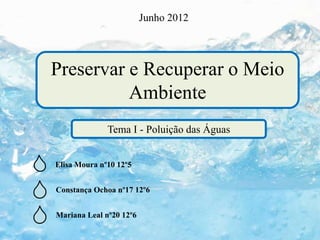 Preservar e Recuperar o Meio
Ambiente
Junho 2012
Tema I - Poluição das Águas
Elisa Moura nº10 12º5
Constança Ochoa nº17 12º6
Mariana Leal nº20 12º6
 