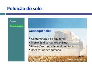 Poluição do solo
Consequências
 Contaminação de aquíferos
 Morte de diversos organismos
 Alterações das cadeias alimentares
 Doenças no ser humano
 