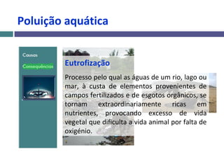 Poluição aquática
Eutrofização
Processo pelo qual as águas de um rio, lago ou
mar, à custa de elementos provenientes de
campos fertilizados e de esgotos orgânicos, se
tornam extraordinariamente ricas em
nutrientes, provocando excesso de vida
vegetal que dificulta a vida animal por falta de
oxigénio.
 