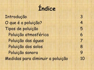Índice
Introdução                         3
O que é a poluição?                4
Tipos de poluição                  5
  Poluição atmosférica             6
  Poluição das águas               7
  Poluição dos solos               8
  Poluição sonora                  9
Medidas para diminuir a poluição   10
 