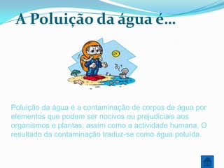 A Poluição da água é…




Poluição da água é a contaminação de corpos de água por
elementos que podem ser nocivos ou prejudiciais aos
organismos e plantas, assim como a actividade humana. O
resultado da contaminação traduz-se como água poluída.
 