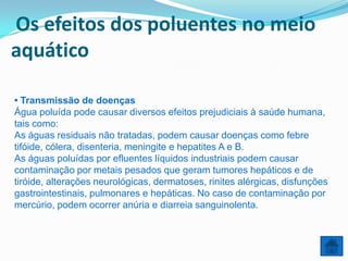 Os efeitos dos poluentes no meio
aquático

• Transmissão de doenças
Água poluída pode causar diversos efeitos prejudiciais à saúde humana,
tais como:
As águas residuais não tratadas, podem causar doenças como febre
tifóide, cólera, disenteria, meningite e hepatites A e B.
As águas poluídas por efluentes líquidos industriais podem causar
contaminação por metais pesados que geram tumores hepáticos e de
tiróide, alterações neurológicas, dermatoses, rinites alérgicas, disfunções
gastrointestinais, pulmonares e hepáticas. No caso de contaminação por
mercúrio, podem ocorrer anúria e diarreia sanguinolenta.
 