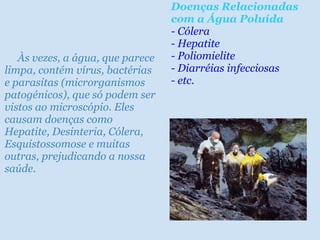 Doenças Relacionadas com a Água Poluída - Cólera - Hepatite  - Poliomielite - Diarréias infecciosas - etc.       Às vezes, a água, que parece limpa, contém vírus, bactérias e parasitas (microrganismos patogénicos), que só podem ser vistos ao microscópio. Eles causam doenças como Hepatite, Desinteria, Cólera, Esquistossomose e muitas outras, prejudicando a nossa saúde. 