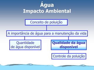 Controle da poluição
Qualidade da água
disponível
Quantidade
de água disponível
A importância de água para a manutenção da vida
Conceito de poluição
Água
Impacto Ambiental
 