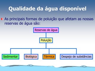 Qualidade da água disponível
As principais formas de poluição que afetam as nossas
reservas de água são:
Reservas de água
Poluição
Biológica
Sedimentar Térmica Despejo de substâncias
 