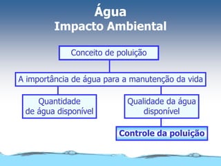 Controle da poluição
Qualidade da água
disponível
Quantidade
de água disponível
A importância de água para a manutenção da vida
Conceito de poluição
Água
Impacto Ambiental
 