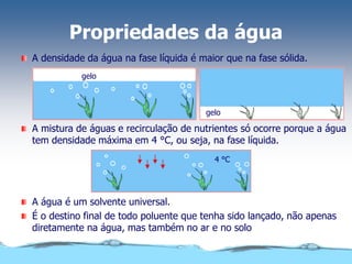 Propriedades da água
gelo
gelo
4 °C
A mistura de águas e recirculação de nutrientes só ocorre porque a água
tem densidade máxima em 4 °C, ou seja, na fase líquida.
A densidade da água na fase líquida é maior que na fase sólida.
A água é um solvente universal.
É o destino final de todo poluente que tenha sido lançado, não apenas
diretamente na água, mas também no ar e no solo
 